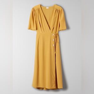 Aritzia Wilfred Mirabelle Silk Wrap Long Midi Dress in Cairo Gold